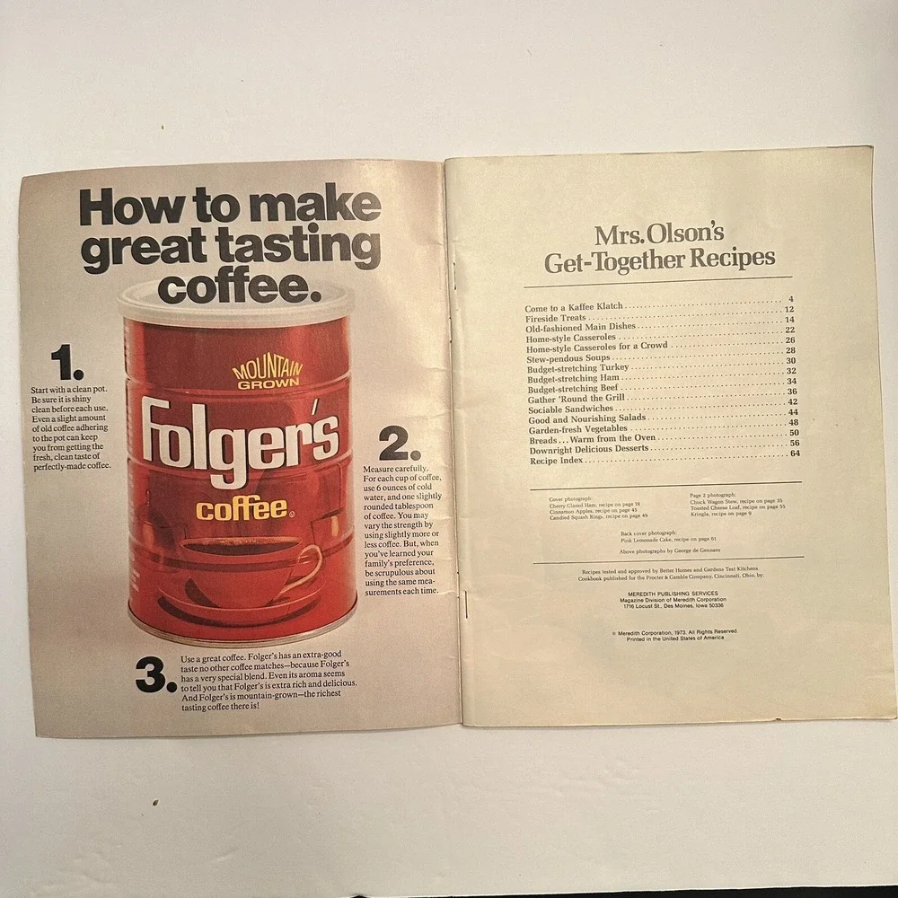 Folgers Coffee Mrs Olsons Get-Together Recipes Vintage 1973 Cookbook Pamphlet